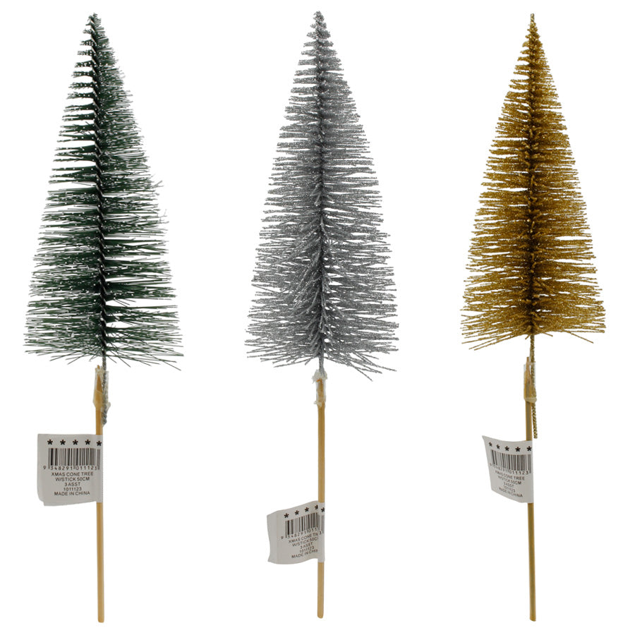 Xmas Cone Tree W/Stick 50cm 3 Asst