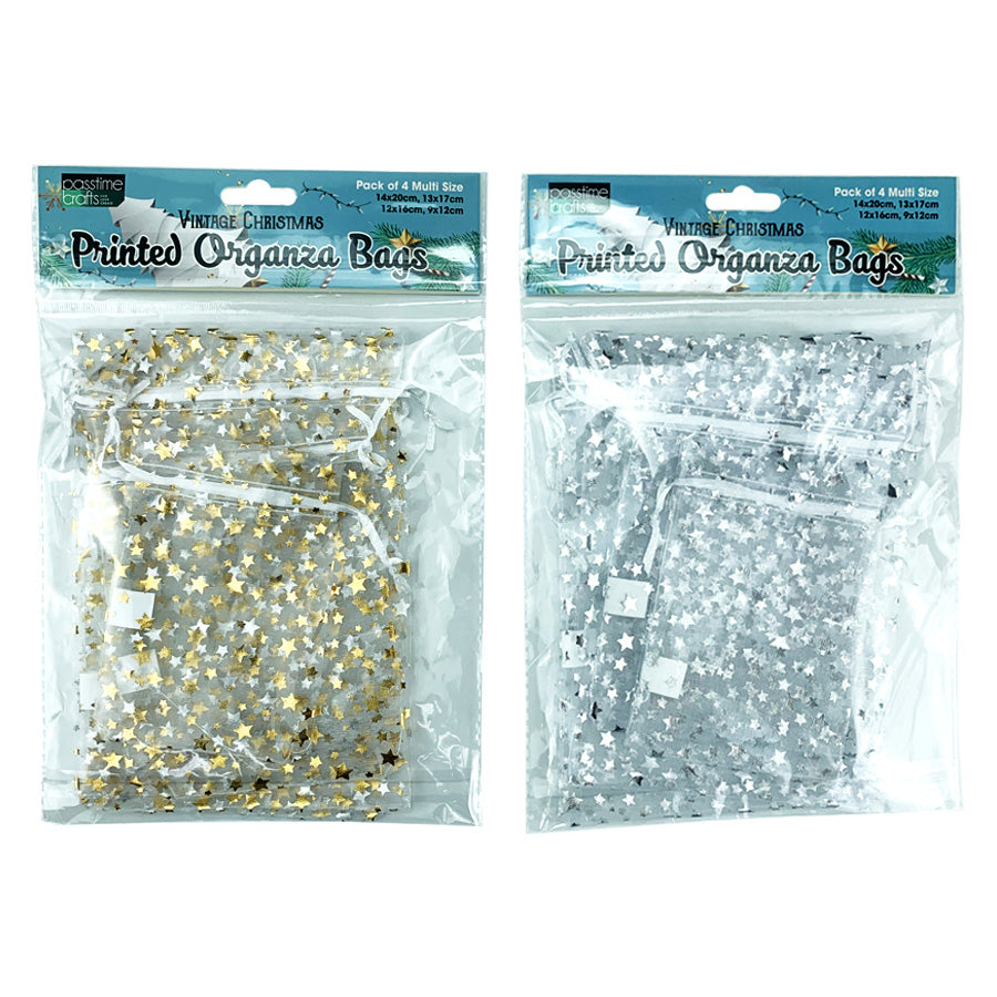 Xmas Printed Organza Bags Pkt 4
