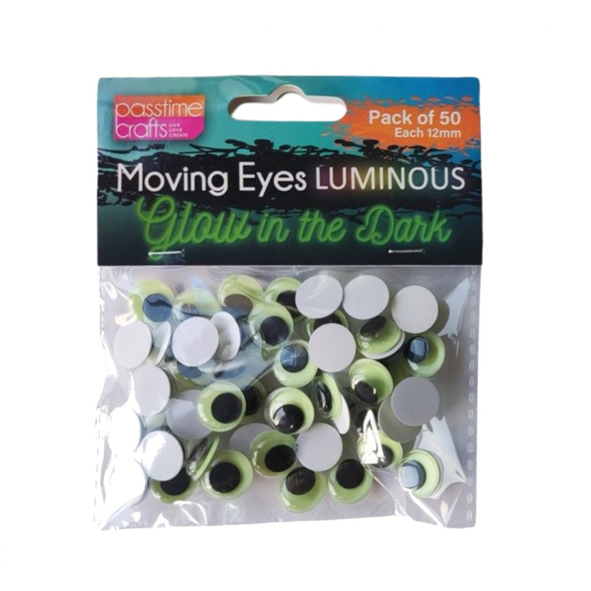 Craft Moving Eyes Glow 12mm Pkt 50