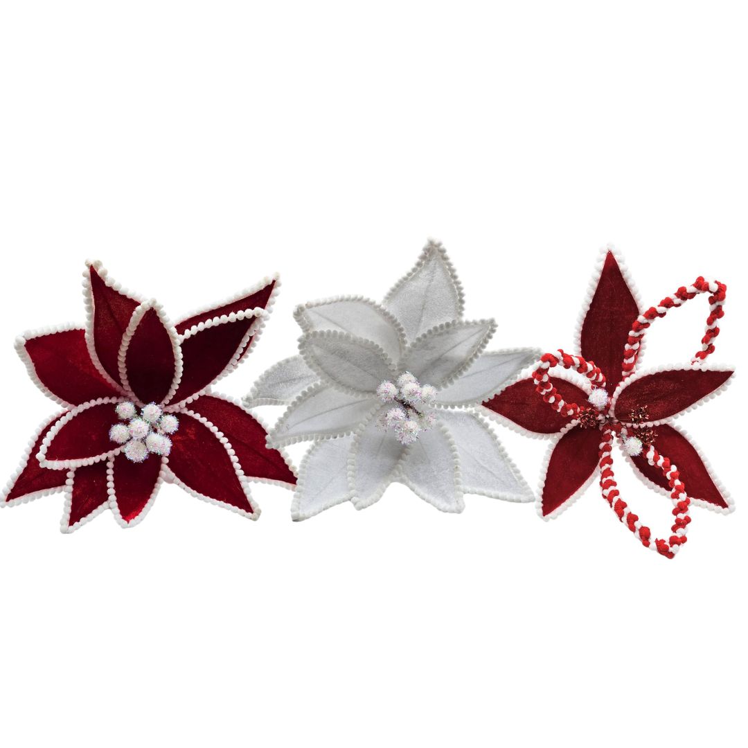 Xmas Flwr Velvet-Pom R/W 3-Ast 25-34cm