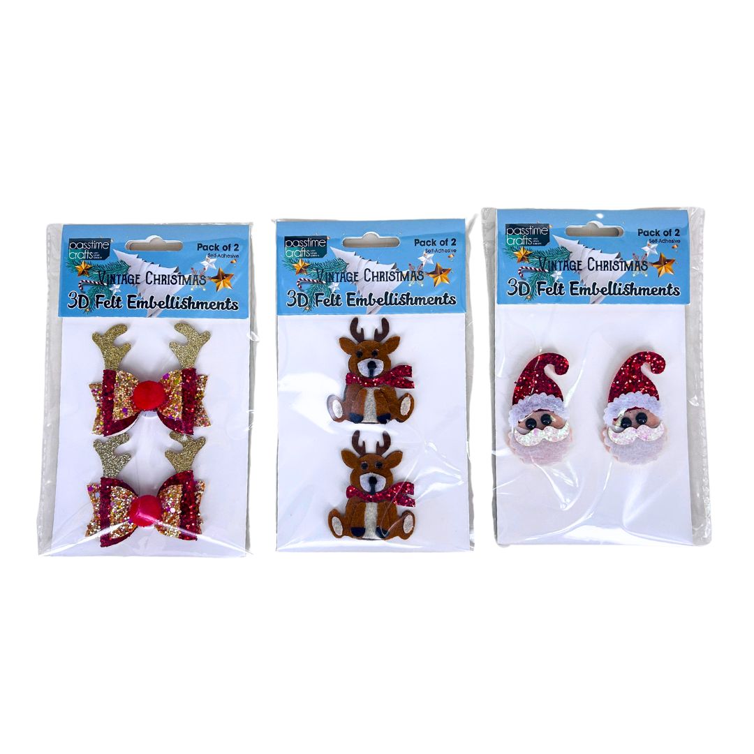 Xmas Embellish Felt 3D Gltr 3-Ast Pkt 2