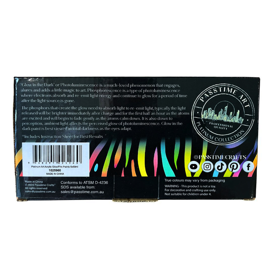 Platinum Art Acrylic Glow/Flro Paints 6x59ml