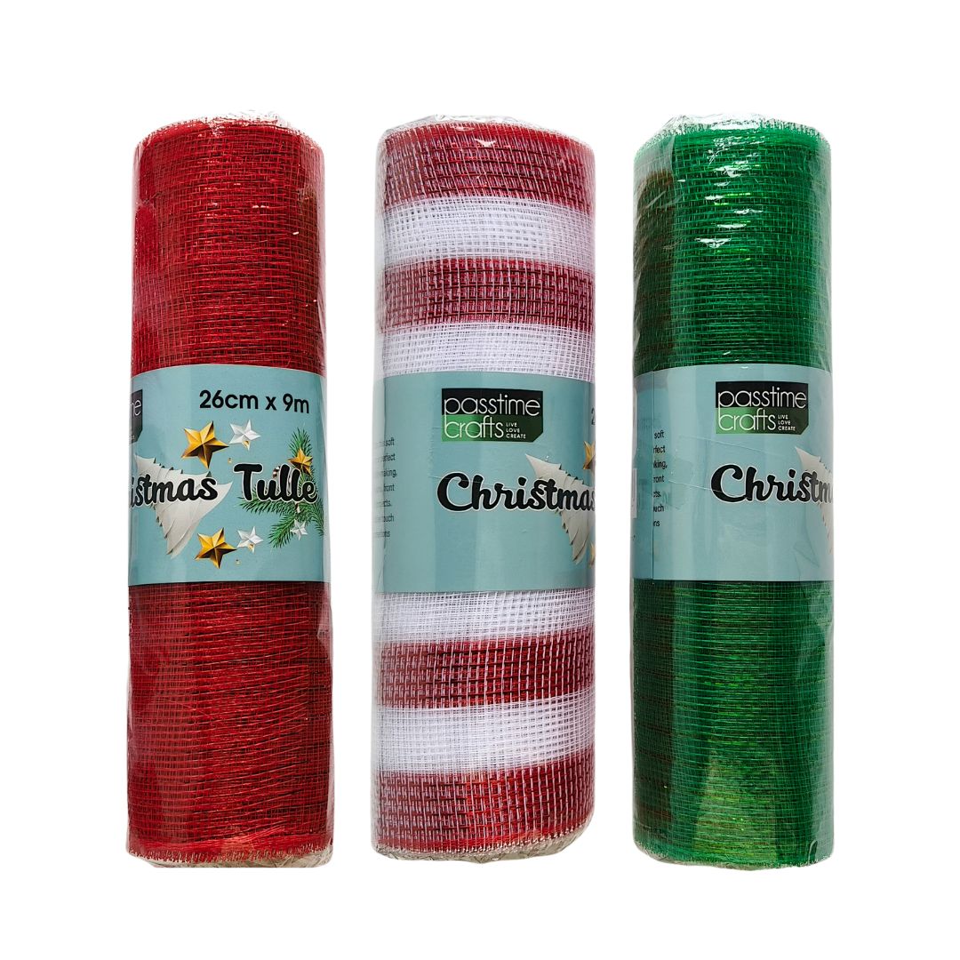 Xmas Tulle Roll 26cmx9m 3-Ast